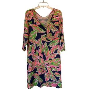 Lilly Pulitzer XL Navy Pink Palmetto Dress Pima Cotton 3/4 Sleeve resort Beachy